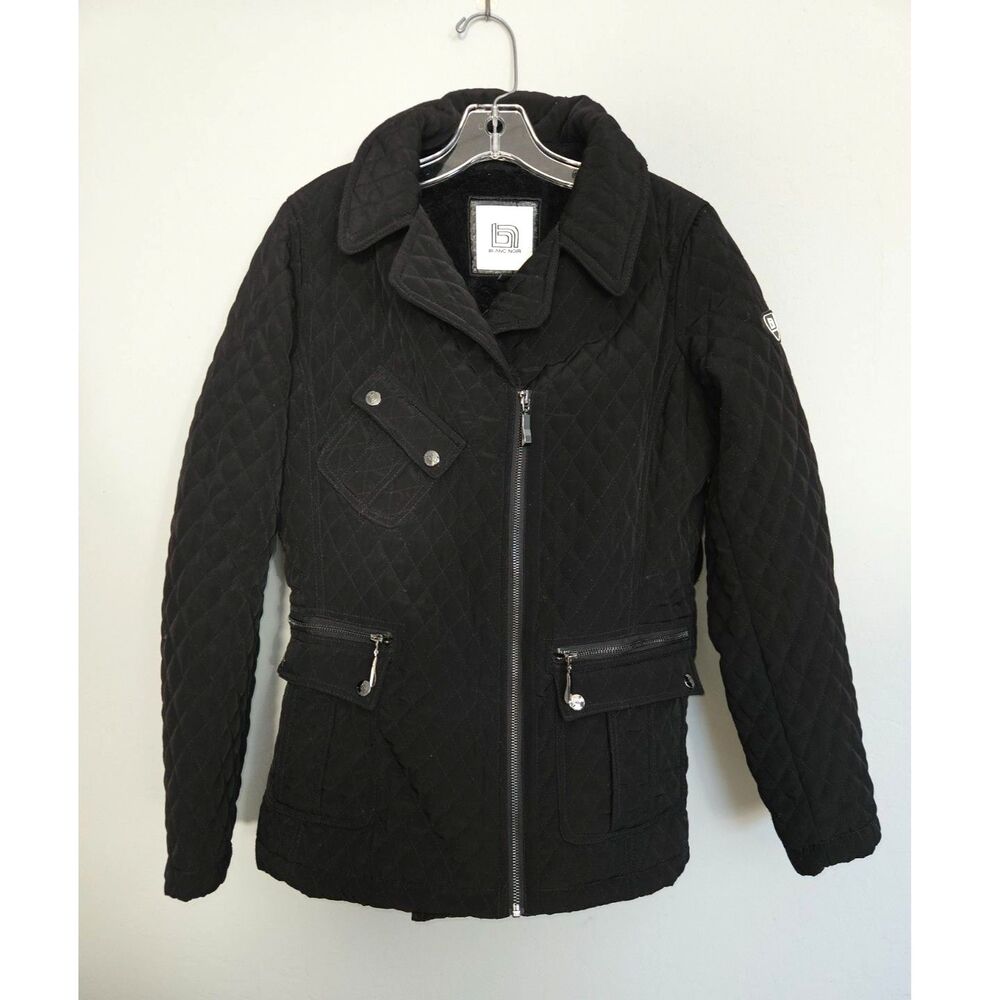 Blanc Noir Black Quilted Belted Moto Jacket Faux Fur Lining Womens Size Large